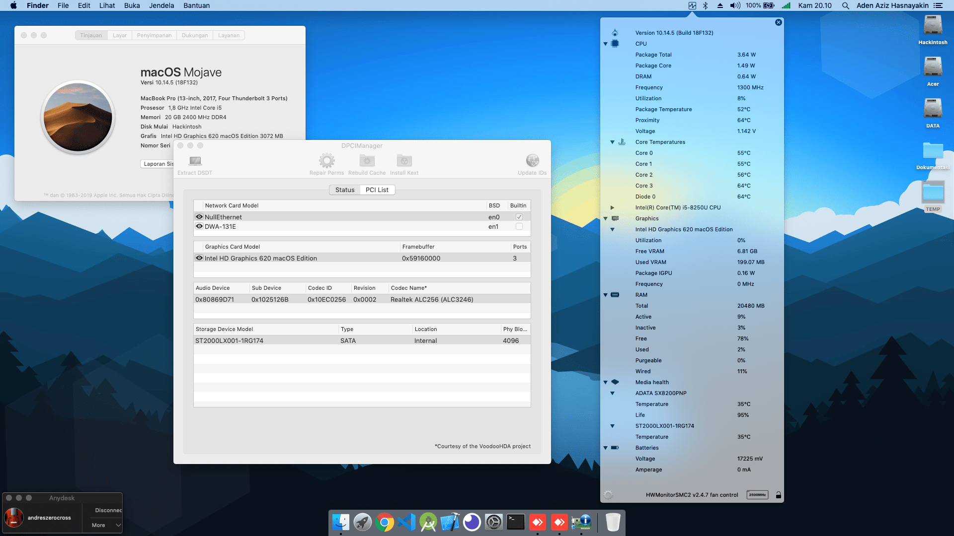 Success Hackintosh Mojave 10.14.5 Build 18F132 at Acer Swift 3 SF314-54G-51WS